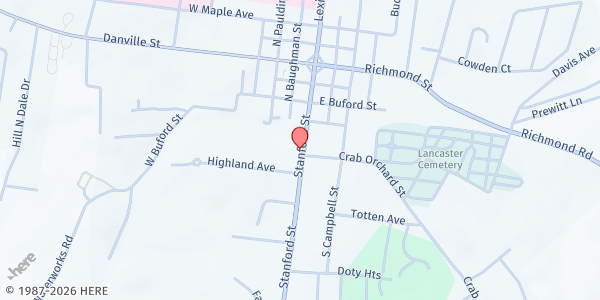 Map showing Garrard County Homeless Coalition at 222 Stanford Street, Lancaster, KY