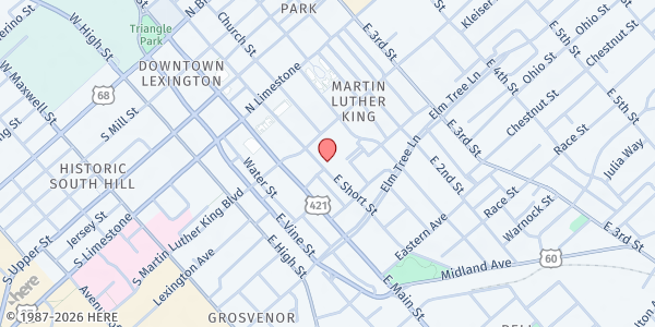 Map showing Central Christian Church at 205 E Short St, Lexington, KY