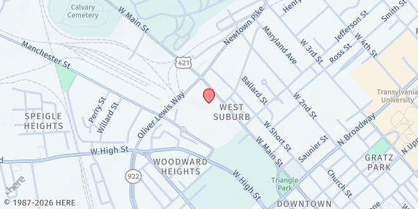 Map showing Salvation Army, The Central Kentucky Area Services at 736 W. Main St., Lexington, KY