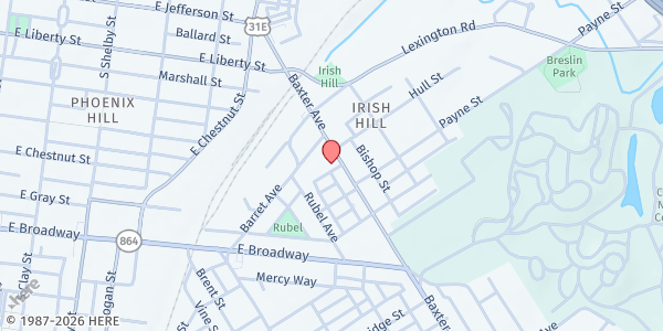 Map showing Baxter Avenue Baptist Church at 522 Baxter Ave., Louisville, KY