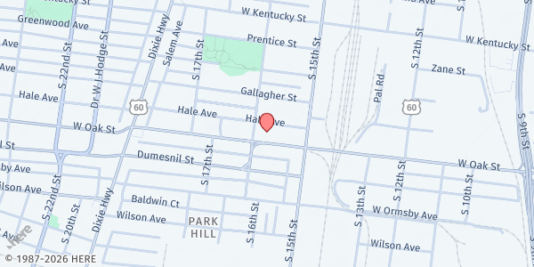 Map showing Centennial Olivet Baptist Church at 1541 B W. Oak St., Louisville, KY