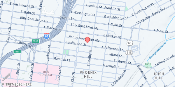 Map showing Louisville Rescue Mission at 733 East Jefferson Street, Louisville, KY