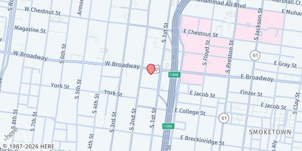 Map showing Wayside Christian Mission at 120 W. Broadway, Louisville, KY