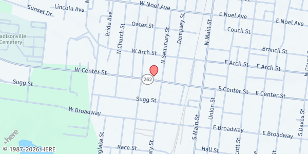 Map showing Christian Food Bank of Hopkins Co. at 241 W Center St, Madisonville, KY