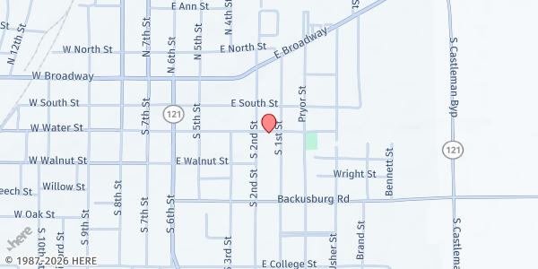 Map showing Second Christian Church at 512 E. Water St., Mayfield, KY