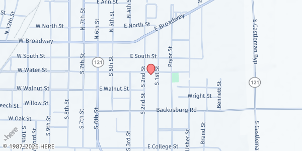 Map showing Second Christian Church (FA) at 512 East Water Street, Mayfield, KY