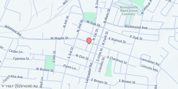 Map showing Jessamine County Food Pantry at 104 S. 2nd Street, Nicholasville, KY