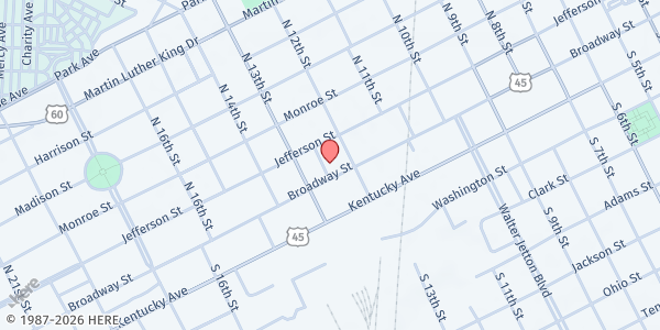 Map showing Family Service Society (FA/TEFAP) - Paducah at 1225 Broadway Street, Paducah, KY