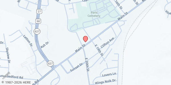 Map showing Food Pantry Ministry - Paris Church of Christ at 1923 South Main Street, Paris, KY