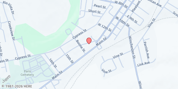 Map showing High Street Church of Christ at 1434 High St, Paris, KY