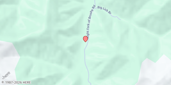 Map showing Heenon Church of Christ at 2829 Right Fork of Brushy Road, Varney, KY