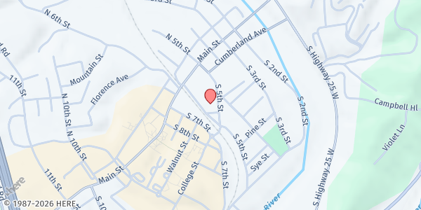 Map showing First Baptist Williamsburg at 230 S 5th Street, Williamsburg, KY