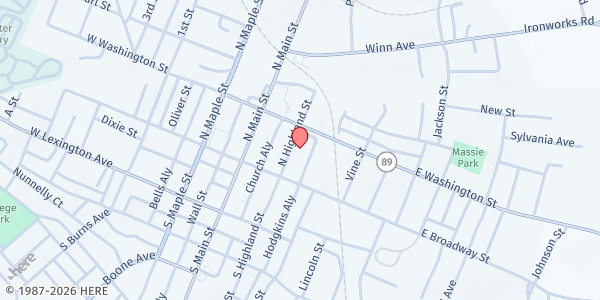Map showing First Baptist Church at 37 North Highland Street, Winchester, KY