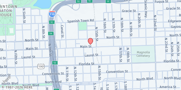 Map showing The Christian Outreach Center of Baton Rouge at 1427 Main St., Baton Rouge, LA