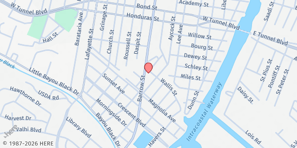 Map showing Plymouth Rock Baptist Church at 1000 Wallis St, Houma, LA