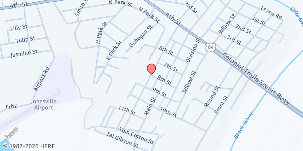 Map showing Jonesville Mobile Pantry - St. Mark Baptist Church at 900 E H Johnson St, Jonesville, LA