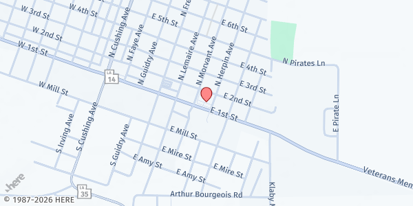 Map showing New Beginnings Primitive Baptist at 622 E. Veterans Memorial Drive, Kaplan, LA