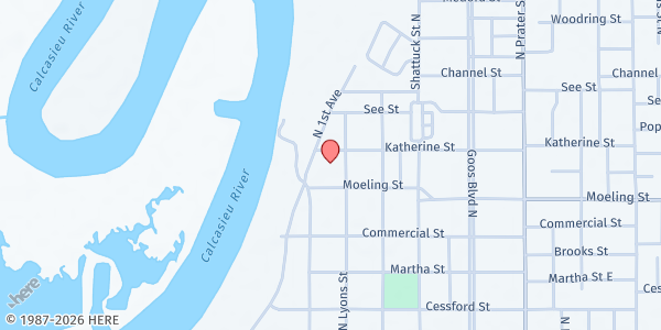 Map showing Greater St. Mary Baptist Church at 1401 Moeling St, Lake Charles, LA