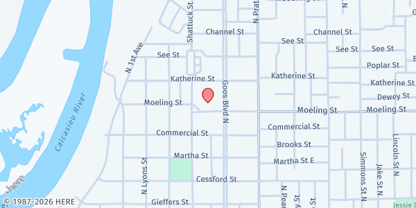 Map showing Saints Cathedral COGIC at 1717 Moeling St., Lake Charles, LA