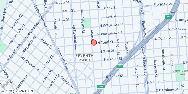 Map showing House of Faith COGIC at 2229 Allen St., New Orleans, LA