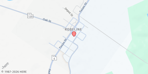Map showing Robeline First Baptist Church at 7739 Oak St, Robeline, LA