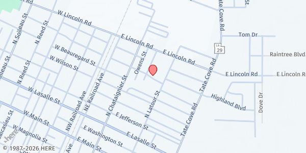 Map showing Ninth Missionary Baptist Church Food Bank at 409 E Long St, Ville Platte, LA