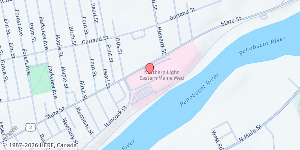 Map showing Northern Light Surgery and Trauma at 417 State Street, Webber Medical Building, East, Suite 141, Bangor, ME