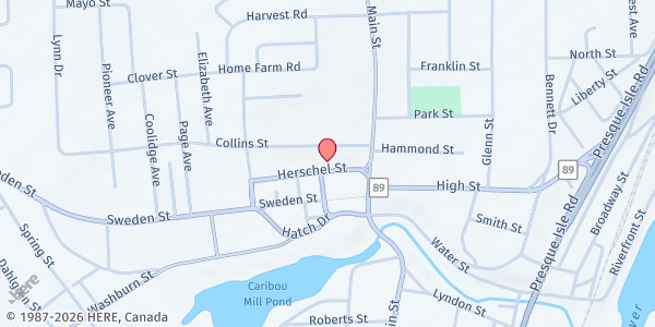 Map showing Caribou Ecumenical Food Pantry at 31 Herschel St Apt 1, Caribou, ME