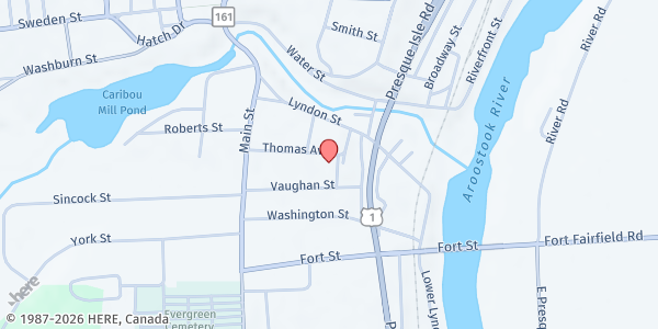 Map showing St. Louis Ecumenical Food Pantry at 31 Thomas Ave., Caribou, ME