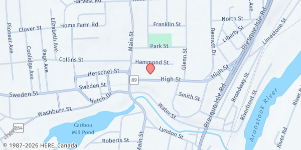Map showing United Baptist Food Pantry at 74 High St, Caribou, ME