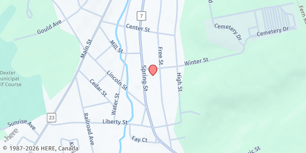 Map showing New Hope Baptist Church - Dexter Community Food Closet at 130 Spring St., Dexter, ME