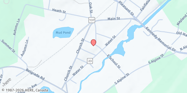 Map showing Oakland-Sidney United Methodist Church at 20 West School Street, Oakland, ME