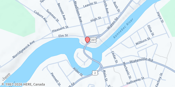 Map showing Maine Grains at 42 Court Street, Skowhegan, ME