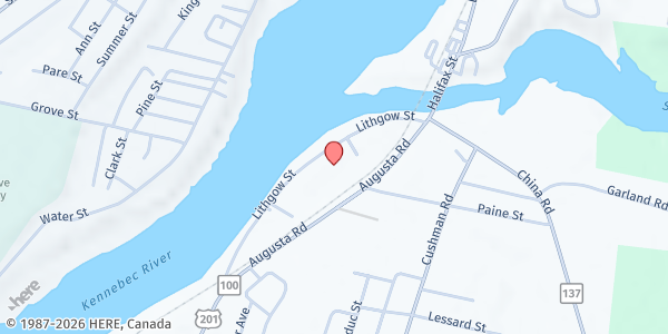 Map showing Winslow Community Cupboard at 26 Lithgow Street, Winslow, ME