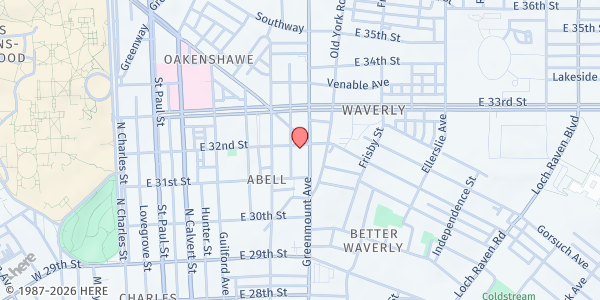 Map showing Red Emma's Community Fridge at 3128 Greenmount Avenue, Abell, MD