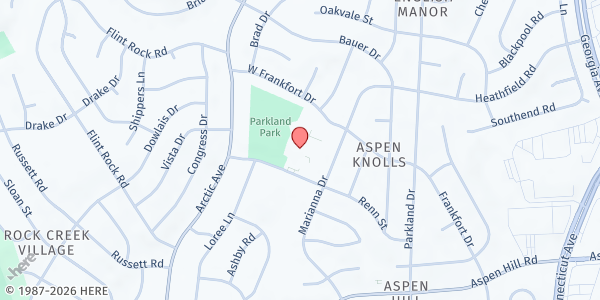 Map showing Beyond the Tale at Parkland Middle School at 4610 W. Frankfort Dr., Aspen Hill, MD