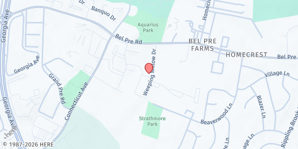 Map showing MUM Mobile Pantry: Pepper Tree Farms Apartment at 14120 Weeping Willow Drive, Aspen Hill, MD