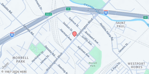 Map showing Access Art in Morrell Park at 2446 Washington Boulevard, Access Art in Morrell Park, Baltimore, MD