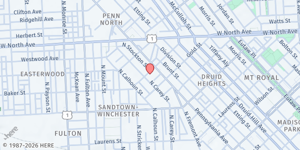 Map showing AMES Memorial AME at 615 Baker St., Baltimore, MD