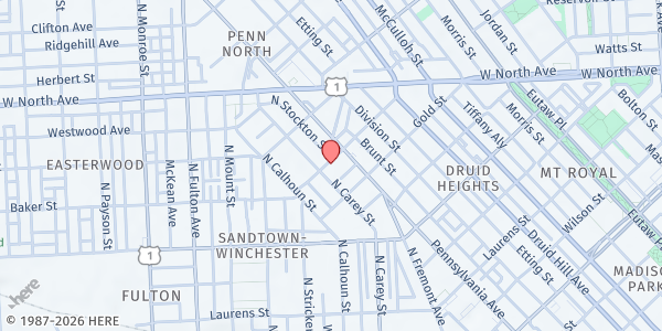 Map showing Ames Shalom Community - Soup Kitchen at 615 Baker St., Baltimore, MD
