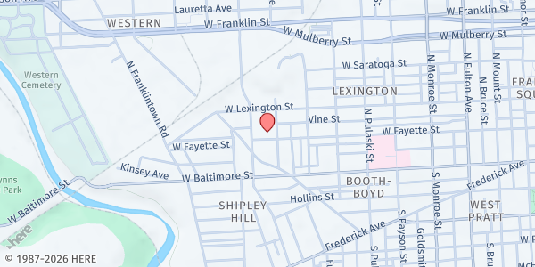 Map showing Church of the Living God at 2402 W. Fayette St., Baltimore, MD