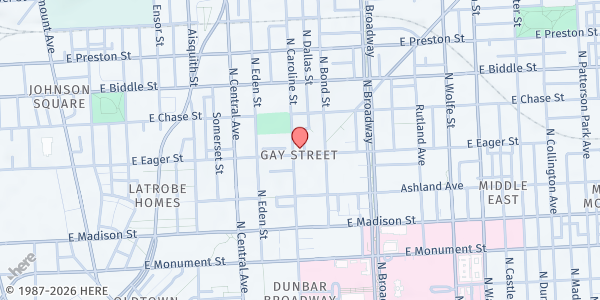Map showing East Baltimore Deliverance Center at 1001 North Caroline Street, Baltimore, MD