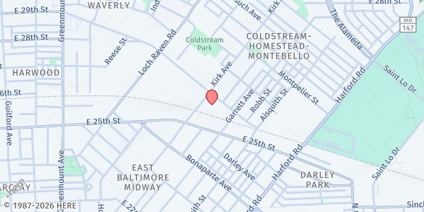 Map showing Exeter Hall at Baltimore Collegiate School at 2525 Kirk Avenue, Baltimore, MD