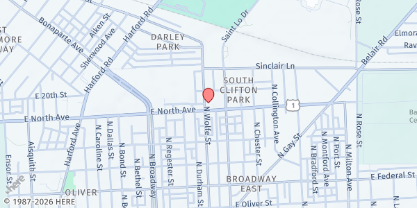 Map showing Faith Lutheran Church Pantry at 1900 E. North Avenue, Baltimore, MD