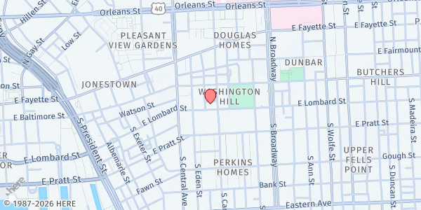 Map showing First Apostolic Faith Church at 40 South Caroline St., Baltimore, MD
