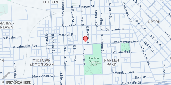 Map showing Food Rescue Baltimore - West Baltimore Distribution Site at 1510 West Lafayette Avenue, Baltimore, MD