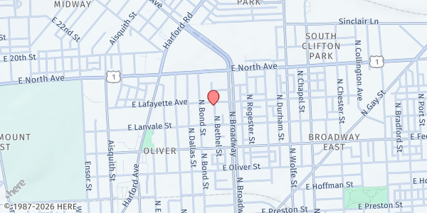 Map showing Good Shephard Holiness at 1615 East Lafayette Avenue, Baltimore, MD