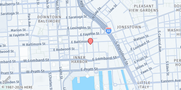 Map showing Grace and Hope Mission at 4 South Gay Street, Baltimore, MD