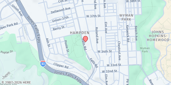 Map showing Hampden UMC at 3449 Falls Road, Baltimore, MD