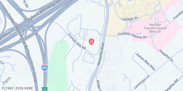 Map showing Life Source Impact Church - Hope & Freedom Pantry Distribution at 7000 Rossville Blvd, Baltimore, MD